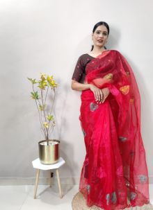 Beautiful Red Trendy Organza Fabric Saree For Women