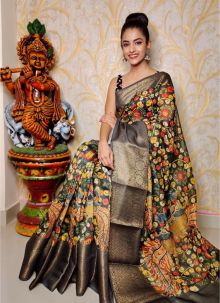 Black Chanderi Silk Saree With Zari Weaving Border