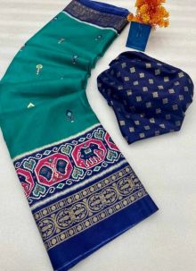 Blue Dola Silk Printed Saree