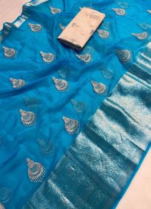 Classy Sky Blue Organza Embroidered Saree