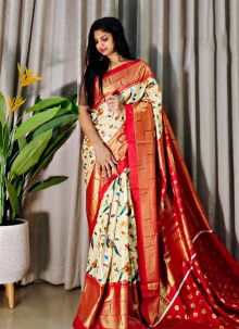 Delightful Cream Foil Printed Saree