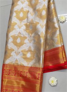 Delightful Cream Pure Soft Tissue Banarasi Silk Traditional Saree