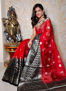 Designer Red Meena Weaving Butti Border Organza Silk Party Wear Saree