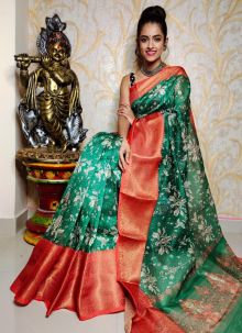 Digital Print Green Latest Styles Chanderi Silk Saree