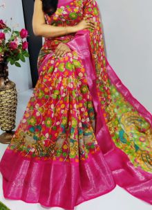 Gold Zari Kanchi Patto Border Chanderi Silk Kalamkari Digital Printed Pink Saree