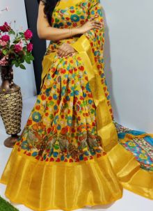 Gold Zari Kanchi Patto Border Chanderi Silk Kalamkari Digital Printed Yellow Saree