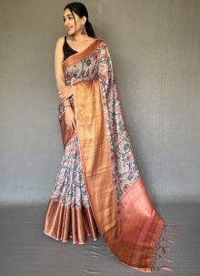 Grey Cotton Linen Kalamkari Digital Printed Saree