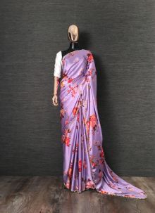 Lavender Floral Printed Heavy Japan Satin Saree With Pearl Lace Border