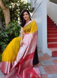 Organza Silk Mustard Yellow Latest Traditional Saree