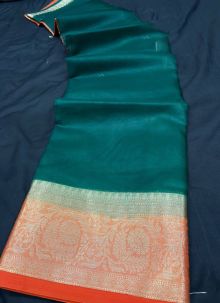 Organza Silk Teal Blue Latest Plain Saree