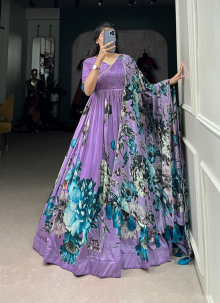 Partywear Ready To Wear Floral Print With Lace Touch Up Gown In Purple