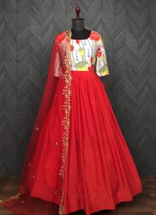 Pretty Kalamkari Printed Red Readymade Gown With Attractive Dupatta