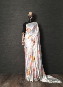 Silver Floral Printed Heavy Japan Satin Saree With Pearl Lace Border