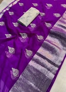 Unique Party Wear Purple Organza Embroidered Saree