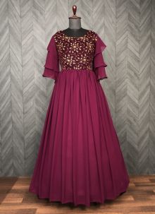 Wine Sequins Anarkali Style Gown For Girl