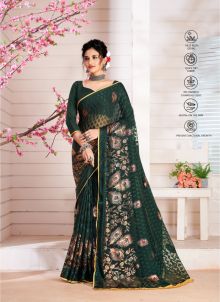 Women Brasso Embroidered Green Saree With Unstitched Blouse Piece