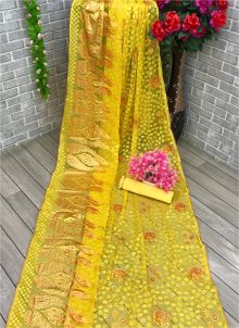 Women Brasso Embroidered Yellow Saree With Unstitched Blouse Piece