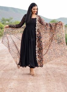 Women Faux Georgette Black A Line Scoop Neck Long Sleeve Maxi Gown With Dupatta