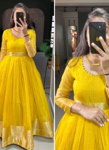 Yellow Designer Zari Weaving Organza Gown