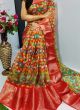 Gold Zari Kanchi Patto Border Chanderi Silk Kalamkari Digital Printed Fluorescent Red Saree