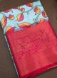 New Kalamkari Print All Over Print With Zari Border Sky Blue Latest Design Saree