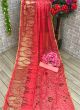 Women Brasso Embroidered Red Saree With Unstitched Blouse Piece