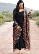 Women Faux Georgette Black A Line Scoop Neck Long Sleeve Maxi Gown With Dupatta