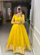 Yellow Designer Zari Weaving Organza Gown