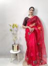 Beautiful Red Trendy Organza Fabric Saree For Women